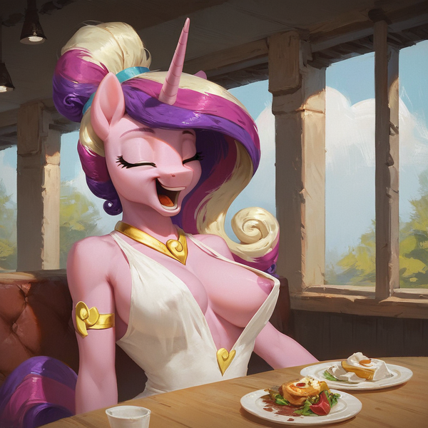 Size: 1024x1024 | Tagged: questionable, ai content, derpibooru import, machine learning generated, prompter:davshell, stable diffusion, princess cadance, alicorn, anthro, pony, absolute cleavage, alternate hairstyle, areola, areola slip, booth, breasts, cleavage, clothes, cloud, cup, date, day, dress, erect nipples, exposed breasts, eyes closed, female, food, g4, generator:pony diffusion v6 xl, horn, image, jewelry, laughing, mare, nipple outline, nipple slip, nipples, nudity, oblivious, offscreen character, open mouth, open smile, plant, plants, plate, png, pov, restaurant, sky, smiling, solo, solo female, table, tree, upper body, wardrobe malfunction, window