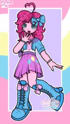Size: 1080x1920 | Tagged: safe, artist:rubytwinklemoon, derpibooru import, pinkie pie, human, equestria girls, boots, bow, clothes, eye clipping through hair, eyebrows, female, g4, hair bow, high heel boots, image, png, shoes, simple background, smiling, solo, text, watermark