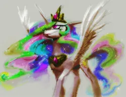 Size: 2316x1788 | Tagged: safe, artist:eyerealm, derpibooru import, princess celestia, alicorn, pony, female, g4, hair over one eye, image, jewelry, jpeg, mare, peytral, regalia, simple background, solo, spread wings, wings