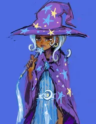Size: 1512x1959 | Tagged: safe, artist:eyerealm, derpibooru import, trixie, human, blue background, cape, clothes, dark skin, ear piercing, earring, female, hat, humanized, image, jewelry, jpeg, piercing, simple background, solo, trixie's cape, trixie's hat, wand