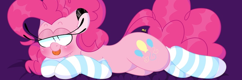 Size: 2560x853 | Tagged: safe, artist:sparjechkaa, derpibooru import, pinkie pie, earth pony, pony, :p, body pillow, body pillow design, clothes, dakimakura cover, g4, image, jpeg, lidded eyes, lying down, old art, prone, socks, solo, sploot, striped socks, tongue out