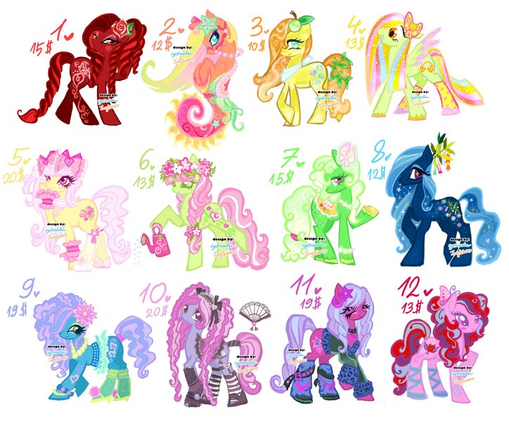 Size: 4096x3396 | Tagged: safe, artist:eyerealm, artist:junglicious64, derpibooru import, oc, oc:gummies, oc:rose, oc:spring, unofficial characters only, earth pony, pegasus, pony, sea pony, adoptable, belt, bonnet, boots, bow, bracelet, braces, braid, bridle, choker, clothes, coat markings, ethereal mane, fan, female, floral head wreath, flower, flower in hair, garter straps, garters, hair accessory, hair bow, hair over one eye, hairclip, hand fan, headpiece, hoof shoes, image, jacket, jewelry, jpeg, leg warmers, long eyelashes, mare, neckerchief, necklace, reins, ringlets, saddle, shoes, simple background, skirt, sparkly eyes, sparkly mane, starry mane, tack, tail tie, unshorn fetlocks, vine, wall of tags, watering can, white background, wingding eyes
