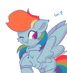 Size: 646x704 | Tagged: safe, artist:skylinepony_, derpibooru import, rainbow dash, pegasus, pony, clothes, cute, female, flying, g4, image, looking at you, mare, one eye closed, png, simple background, smiling, solo, spread wings, white background, wings