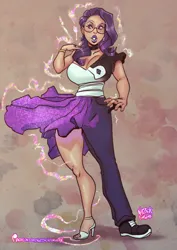 Size: 1074x1521 | Tagged: safe, artist:notzackforwork, derpibooru import, rarity, human, abstract background, big breasts, breasts, choker, cleavage, clothes, glasses, high heels, humanized, image, lipstick, male to female, mid-transformation, png, rule 63, shoes, skirt, transformation, transgender transformation