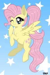 Size: 1688x2504 | Tagged: safe, artist:banquo0, derpibooru import, fluttershy, pegasus, pony, alternate hairstyle, cute, cute little fangs, fangs, female, flying, image, jpeg, looking at you, one eye closed, ponytail, smiling, solo, wink