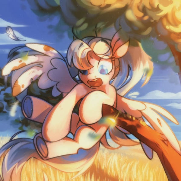 Size: 1280x1280 | Tagged: safe, artist:kingdom, derpibooru import, oc, unofficial characters only, pegasus, pony, beige coat, blue eyes, cloud, colored pupils, d:, distressed, falling, feather, female, full body, hair over one eye, hanging, image, jpeg, mare, open mouth, pegasus oc, scared, sky, solo, spread wings, tattered, tattered wings, tree, wheat field, wide eyes, wings