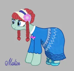Size: 2300x2200 | Tagged: safe, artist:malice-may, derpibooru import, oc, oc:maretha geldhorn, unofficial characters only, earth pony, pony, blue eyes, clothes, dress, earth pony oc, female, flower, flower in hair, freckles, gray background, green fur, hat, image, pathfinder, png, red hair, redhead, reporter, shoes, simple background, solo, solo female
