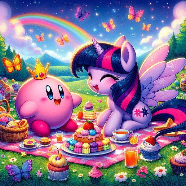 Size: 1024x1024 | Tagged: safe, ai content, artist:user15432, derpibooru import, machine learning generated, prompter:user15432, twilight sparkle, twilight sparkle (alicorn), alicorn, butterfly, insect, pony, alternate cutie mark, basket, cake, cherry, cloud, crossover, crown, cup, cupcake, eyes closed, flower, food, fruit, g4, generator:bing image creator, generator:dall-e 3, image, jewelry, jpeg, juice, kirby, kirby (series), mountain, open mouth, orange juice, picnic, picnic basket, picnic blanket, rainbow, regalia, stars, strawberry, tea, teacup, tree