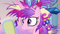 Size: 1920x1088 | Tagged: safe, derpibooru import, screencap, princess cadance, alicorn, pony, games ponies play, season 3, colored pupils, crystal empire, female, g4, hairstyle, image, jpeg, mare, messy mane, multicolored hair, multicolored mane, ruined, solo, solo female, solo focus, wide eyes