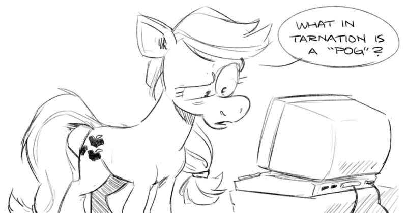 Size: 1019x535 | Tagged: safe, artist:mellodillo, derpibooru import, applejack, earth pony, pony, computer, female, image, mare, png, simple background, sketch, solo, speech bubble, text, white background