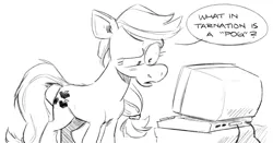 Size: 1019x535 | Tagged: safe, artist:mellodillo, derpibooru import, applejack, earth pony, pony, computer, female, image, mare, png, simple background, sketch, solo, speech bubble, text, white background