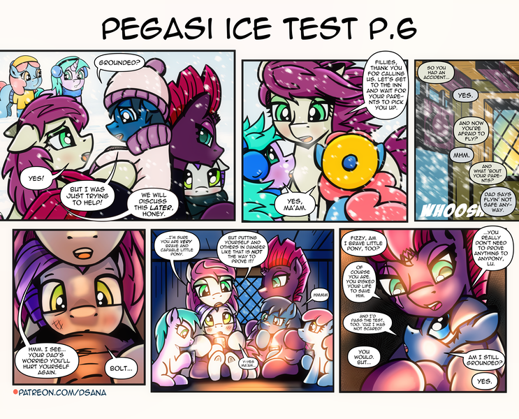 Size: 3508x2834 | Tagged: safe, artist:dsana, derpibooru import, fizzlepop berrytwist, tempest shadow, oc, oc:blue candy, oc:lullaby dusk, oc:minty mint, oc:thistledown, earth pony, pegasus, pony, unicorn, comic:a storm's lullaby, horn, image, png