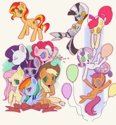Size: 1966x2120 | Tagged: safe, artist:nimingxiwang168, derpibooru import, apple bloom, applejack, fluttershy, pinkie pie, rainbow dash, rarity, scootaloo, sunset shimmer, sweetie belle, twilight sparkle, zecora, earth pony, pegasus, pony, unicorn, zebra, balloon, cutie mark crusaders, female, filly, foal, horn, image, mane six, mare, png, simple background, white background