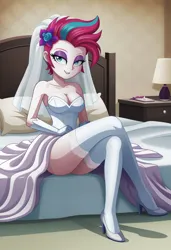 Size: 1248x1824 | Tagged: suggestive, ai content, derpibooru import, generator:autismmixconfetti, machine learning generated, zipp storm, human, equestria girls, g5, bare shoulders, bed, bedroom, bedroom eyes, breasts, busty zipp storm, cleavage, clothes, crossed legs, derpibooru exclusive, dress, equestria girls-ified, evening gloves, eyeshadow, female, flower, flower in hair, g4, g5 to equestria girls, g5 to g4, generation leap, gloves, high heels, image, indoors, jpeg, lamp, long gloves, looking at you, makeup, nightstand, pillow, prompter:siber, shoes, smiling, smiling at you, socks, solo, solo female, strapless, thigh highs, veil, wedding dress, wedding veil