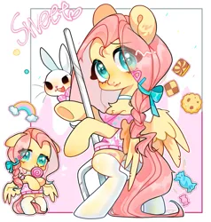 Size: 1369x1440 | Tagged: safe, artist:modidechaojifensi, derpibooru import, angel bunny, fluttershy, pegasus, pony, rabbit, :3, abstract background, alternate hairstyle, animal, bipedal, blushing, bowtie, candy, clothes, cookie, female, food, image, lollipop, mare, png, shirt, socks, text
