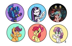 Size: 3000x1920 | Tagged: safe, artist:dawn-designs-art, derpibooru import, apple bloom, cozy glow, grogar, lord tirek, princess celestia, princess luna, queen chrysalis, scootaloo, sweetie belle, alicorn, changeling, changeling queen, earth pony, pegasus, pony, taur, unicorn, badge, collar, cutie mark crusaders, female, filly, foal, horn, image, mare, png, punklestia, simple background, spiked collar, white background