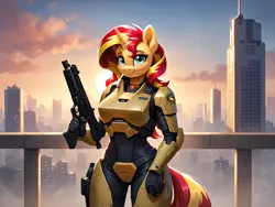 Size: 2048x1536 | Tagged: safe, ai content, derpibooru import, machine learning generated, prompter:demose, stable diffusion, sunset shimmer, anthro, armor, city, cityscape, generator:pony diffusion v6 xl, gun, halo series, image, looking at you, png, power armor, solo, weapon