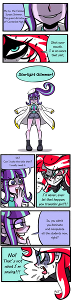 Size: 850x3543 | Tagged: safe, artist:mojot, derpibooru import, starlight glimmer, sunset shimmer, human, equestria girls, comic, daily sunset, dialogue, equal sign, g4, gritted teeth, image, png, speech bubble, sweat, sweatdrop, teeth, wingding eyes