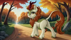 Size: 2560x1440 | Tagged: safe, ai content, derpibooru import, generator:autismmixconfetti, machine learning generated, autumn blaze, kirin, blazebutt, butt, dirt road, female, forest, g4, grass, image, jpeg, looking at you, looking back, looking back at you, nature, plot, prompter:siber, rear view, rock, scenery, smiling, smiling at you, solo, tree, walking, wallpaper