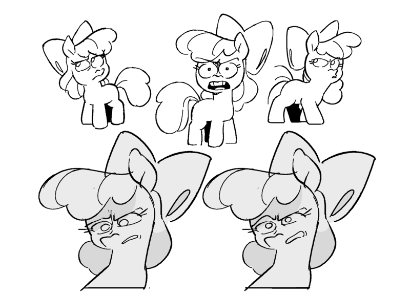 Size: 1952x1405 | Tagged: safe, artist:kyssimmee, derpibooru import, apple bloom, earth pony, pony, bow, doodle dump, expressions, eyebrows, eyebrows visible through hair, female, filly, foal, frown, g4, grayscale, hair bow, image, missing cutie mark, monochrome, narrowed eyes, no catchlights, open frown, png, raised eyebrow, shrunken pupils, simple background, solo, teeth, white background