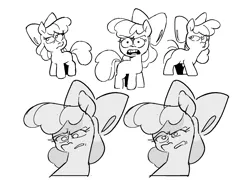 Size: 1952x1405 | Tagged: safe, artist:kyssimmee, derpibooru import, apple bloom, earth pony, pony, bow, doodle dump, expressions, eyebrows, eyebrows visible through hair, female, filly, foal, frown, g4, grayscale, hair bow, image, missing cutie mark, monochrome, narrowed eyes, no catchlights, open frown, png, raised eyebrow, shrunken pupils, simple background, solo, teeth, white background