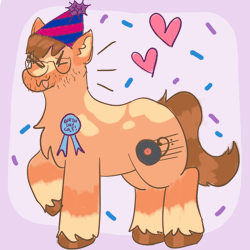 Size: 1920x1920 | Tagged: safe, artist:clandestine, derpibooru import, ponified, earth pony, pony, animated, badge, beard, birthday, blaze (coat marking), brown hooves, brown mane, brown tail, coat markings, colored pinnae, confetti, derpibooru exclusive, emanata, eyes closed, facial hair, facial markings, fall out boy, floating heart, gif, glasses, hat, heart, hoofy-kicks, image, open mouth, open smile, orange coat, party hat, patrick stump, purple background, ribbon, simple background, smiling, solo, spots, stimming, stubble, tail, unshorn fetlocks