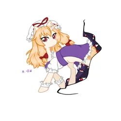 Size: 2480x2480 | Tagged: safe, artist:fish_meow, derpibooru import, ponified, pony, unicorn, bow, clothes, dress, female, hat, horn, image, jpeg, looking at you, mare, simple background, smiling, solo, touhou, white background, yakumo yukari