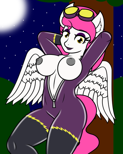 Size: 3000x3750 | Tagged: questionable, artist:thunderboltx33, ponerpics import, oc, unofficial characters only, anthro, breasts, clothes, costume, goggles, image, latex, latex suit, night, nipples, nudity, png, shadowbolts costume