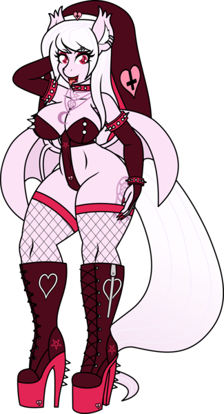 Size: 2500x4618 | Tagged: suggestive, artist:thunderboltx33, derpibooru import, ponerpics import, oc, oc:dreamcatcher, unofficial characters only, anthro, bat pony, plantigrade anthro, vampire, vampony, absolute cleavage, bat pony oc, bat wings, belly button, big breasts, bikini, boots, bra, breasts, choker, cleavage, clothes, concave ribcage, crop top bra, ear piercing, earring, evening gloves, female, fingerless elbow gloves, fingerless gloves, fishnets, gloves, high heel boots, high heels, image, jewelry, knee-high boots, lip piercing, long gloves, looking at you, necklace, nun, open mouth, pentagram, piercing, platform heels, png, shoes, skimpy outfit, solo, solo female, spiked choker, swimsuit, tongue out, tongue piercing, underwear, wings