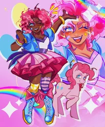 Size: 1691x2048 | Tagged: safe, artist:sleepparaclownsis, derpibooru import, pinkie pie, earth pony, human, pony, :p, alternate hairstyle, bandaid, blackwashing, blushing, boots, bracelet, clothes, dark skin, diapinkes, female, humanized, image, jewelry, jpeg, mare, mismatched socks, one eye closed, open mouth, pink background, self paradox, self ponidox, shirt, shoes, simple background, skirt, socks, solo, sticker, striped socks, tongue out, ugly, vest, wink