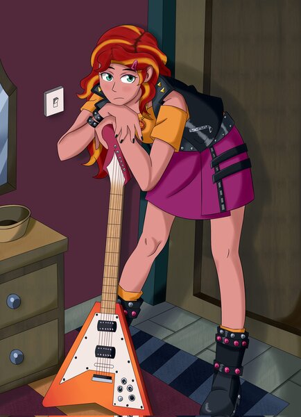 Size: 1482x2048 | Tagged: safe, artist:ashleysponies, derpibooru import, sunset shimmer, human, equestria girls, carpet, clothes, electric guitar, female, g4, green eyes, guitar, human coloration, humanized, image, jpeg, light switch, lighting, looking at you, mirror, musical instrument, room, shading, shirt, shoes, skirt, two toned hair, vest