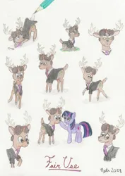 Size: 1203x1702 | Tagged: safe, derpibooru import, twilight sparkle, oc, oc:fair use, alicorn, deer, deer pony, hybrid, original species, pony, antlers, boop, deer oc, drawing, image, jpeg, looking up, necktie, non-pony oc, pencil, sitting, sketch, traditional art