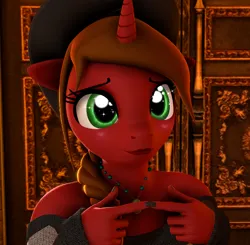 Size: 777x761 | Tagged: safe, artist:alcohors, derpibooru import, oc, oc:essy ferguson, anthro, pony, unicorn, 3d, brown mane, clothes, female, fingers together, green eyes, hat, horn, image, is for me, jpeg, mare, red coat, solo, starry eyes, sweater, wingding eyes