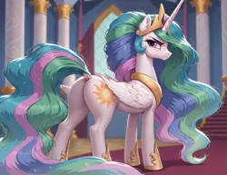 Size: 2240x1728 | Tagged: suggestive, ai content, anonymous prompter, derpibooru import, machine learning generated, stable diffusion, princess celestia, annoyed, butt, g4, generator:pony diffusion v6 xl, image, looking at you, looking back, looking back at you, plot, png, rear view, sunbutt, why i generate such things