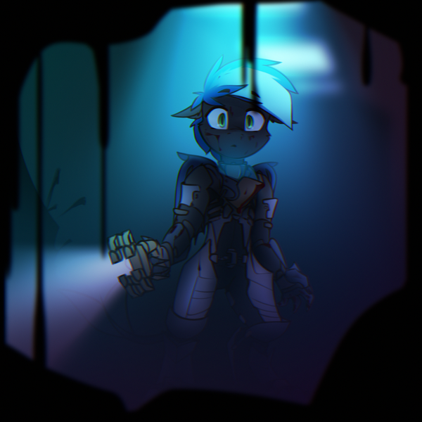 Size: 2100x2100 | Tagged: safe, artist:deafjaeger, derpibooru import, oc, oc:toothy horizon, unofficial characters only, dragon, hybrid, pony, armor, bipedal, blood, dead space, flashlight (object), floppy ears, image, looking at you, png, scared, standing on two hooves, surprised