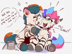 Size: 2732x2048 | Tagged: suggestive, artist:pedalspony, derpibooru import, oc, oc:pedals, oc:psi, hybrid, pegasus, pony, unicorn, zebra, zony, coat markings, colored hooves, colored wings, duo, ear piercing, facial markings, freckles, gauges, horn, hybrid oc, image, industrial piercing, jewelry, painting, piercing, png, socks (coat marking), striped, stripes, tail, tricolor mane, wings