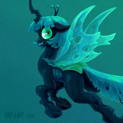 Size: 1000x1000 | Tagged: safe, artist:impamy, derpibooru import, changeling queen oc, oc, oc:changeling filly anon, unofficial characters only, changeling, changeling queen, changeling oc, dithering, fangs, female, flying, gradient background, horn, image, insect wings, looking at you, looking back, older, png, quadrupedal, signature, slit pupils, smiling, smiling at you, solo, tail, teeth, wings