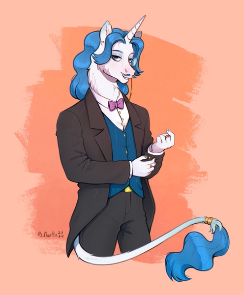 Size: 1962x2374 | Tagged: safe, artist:birdoffnorth, derpibooru import, fancypants, anthro, pony, unicorn, bowtie, clothes, g4, high res, horn, image, jewelry, jpeg, leonine tail, lidded eyes, looking at you, male, neck fluff, pink background, ring, signature, simple background, smiling, smiling at you, solo, stallion, suit, tail, tail ring