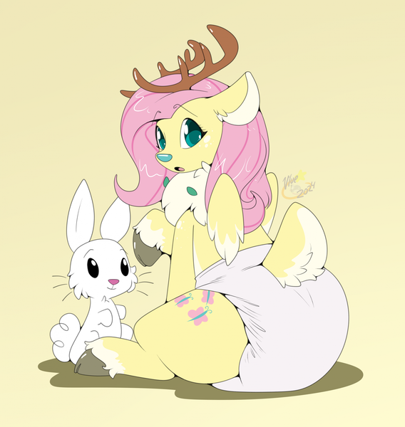 Size: 1868x1972 | Tagged: suggestive, artist:maynara, derpibooru import, angel bunny, fluttershy, deer, pony, rabbit, reindeer, animal, antlers, chest fluff, cloven hooves, deerified, diaper, diaper butt, diaper fetish, ear fluff, female, fetish, image, looking back, mare, non-baby in diaper, png, poofy diaper, raised hoof, rear view, reindeer antlers, reindeerified, simple background, sitting, solo, species swap, tail, tail fluff, unshorn fetlocks, yellow background