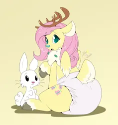 Size: 1868x1972 | Tagged: suggestive, artist:maynara, derpibooru import, angel bunny, fluttershy, deer, pony, rabbit, reindeer, animal, antlers, chest fluff, cloven hooves, deerified, diaper, diaper butt, diaper fetish, ear fluff, female, fetish, image, looking back, mare, non-baby in diaper, png, poofy diaper, raised hoof, rear view, reindeer antlers, reindeerified, simple background, sitting, solo, species swap, tail, tail fluff, unshorn fetlocks, yellow background