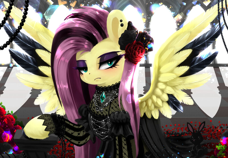 Size: 2600x1800 | Tagged: safe, artist:darksly, derpibooru import, angel bunny, fluttershy, pegasus, pony, architecture, brooch, cathedral, clothes, colored wings, complex background, dress, dyed hair, ear piercing, eye lashes, eyeliner, eyeshadow, flower, flower in hair, fluttergoth, frown, gothic, green eyes, highlights, image, jewelry, jpeg, lace, lidded eyes, light source, makeup, mesh, piercing, purple eyeshadow, raised hoof, sneer, solo, spread wings, two toned mane, two toned wings, wings
