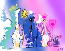 Size: 1424x1124 | Tagged: safe, artist:11dbh, derpibooru import, princess celestia, princess luna, twilight sparkle, anthro, reptile, snake, alternate universe, blue eyes, brooch, cloak, cloaked, clothes, cutie mark, cutie mark on clothes, gradient background, image, jewelry, mottled coat, multiple limbs, png, purple eyes, redesign, scales, size chart, size comparison, size difference, skink, species swap, staff, two toned coat