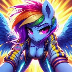 Size: 1024x1024 | Tagged: safe, ai content, derpibooru import, machine learning generated, prompter:glimmy-glam, rainbow dash, anthro, blushing, breasts, clothes, eyebrows, female, g4, generator:dall-e 3, image, jacket, jpeg, leaning forward, leggings, looking at you, raised eyebrow, selfie, simple background, smiling, smirk, solo, solo female, spread wings, wings