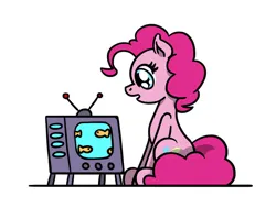Size: 800x600 | Tagged: safe, artist:flutterluv, derpibooru import, pinkie pie, earth pony, fish, pony, cute, diapinkes, female, image, jpeg, mare, simple background, sitting, solo, television, white background