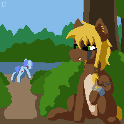 Size: 400x400 | Tagged: grimdark, artist:vohd, derpibooru import, oc, unofficial characters only, earth pony, pegasus, pony, animated, collar, digestion, ear piercing, forest, gif, image, inside stomach, nature, piercing, pixel art, tree, vore, x-ray