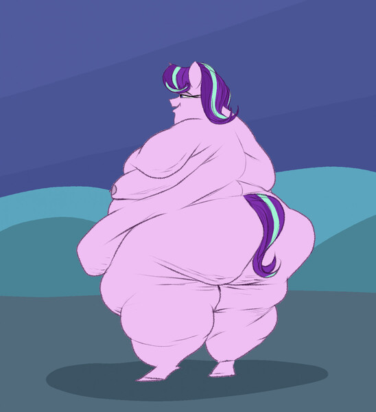 Size: 1170x1280 | Tagged: questionable, artist:astr0zone, derpibooru import, starlight glimmer, anthro, unguligrade anthro, unicorn, big breasts, bingo wings, breasts, butt, cellulite, double chin, fat, fat boobs, fat fetish, female, fetish, g4, glimmer glutes, horn, huge breasts, huge butt, image, jpeg, large butt, lidded eyes, morbidly obese, nipples, nudity, obese, open mouth, open smile, profile, rear view, rolls of fat, sideboob, smiling, solo, solo female, standing, starlard glimmer, the ass was fat, thighs, thunder thighs
