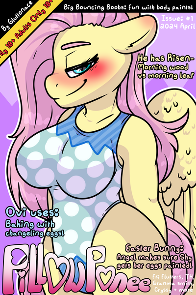 Size: 6000x9000 | Tagged: suggestive, artist:sexygoatgod, derpibooru import, fluttershy, anthro, pegasus, pony, bedroom eyes, big breasts, blushing, breasts, busty fluttershy, clothes, female, image, implied angel bunny, implied angelshy, leotard, looking at you, magazine cover, mare, one-piece swimsuit, pillow ponee, png, smiling, smiling at you, solo, solo female, swimsuit, text