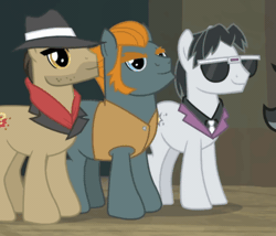 Size: 656x561 | Tagged: safe, derpibooru import, screencap, biff, withers, earth pony, pony, daring doubt, animated, clothes, gif, hat, henchmen, image, male, nodding, rogue (g4), stallion, sunglasses, trio