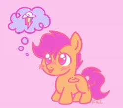 Size: 2600x2300 | Tagged: safe, artist:feralkittyclawz, derpibooru import, scootaloo, pegasus, pony, :p, blush scribble, blushing, cute, cutealoo, female, filly, foal, folded wings, g4, image, implied rainbow dash, jpeg, pink background, rainbow dash's cutie mark, simple background, solo, tail, thinking, thought bubble, tongue out, wings