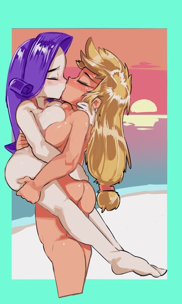 Size: 2458x4096 | Tagged: questionable, artist:baigak, derpibooru import, applejack, rarity, human, applebutt, ass, big breasts, blushing, breasts, busty applejack, busty rarity, butt, carrying, complete nudity, duo, duo female, eyes closed, female, g4, high res, humanized, image, jpeg, kiss on the lips, kissing, lesbian, nudity, passionate, rarijack, shipping, sunset, symmetrical docking